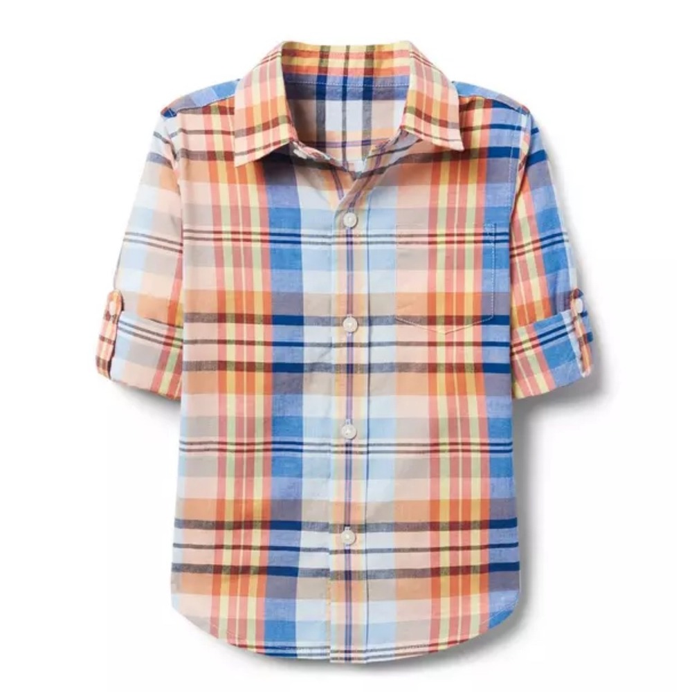 AERIN Roll-Cuff Madras Plaid Shirt‎ Adjustable Sleeve size 7 New With Tags